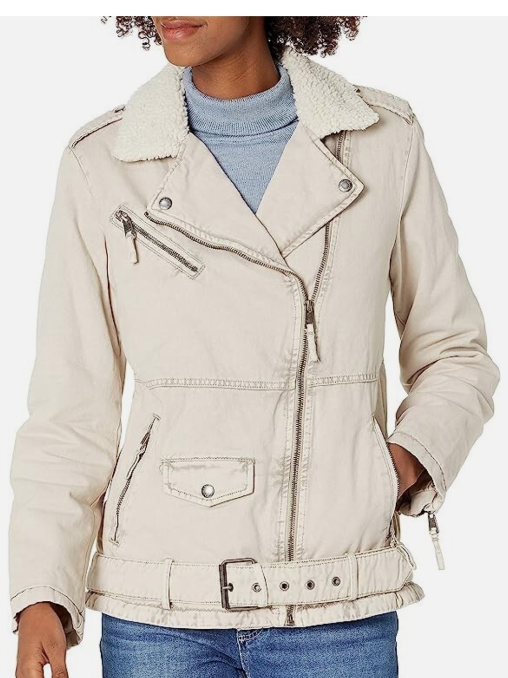 Levi’s Khaki Acid-Wash Sherpa-Lined Belted Moto Jacket Large